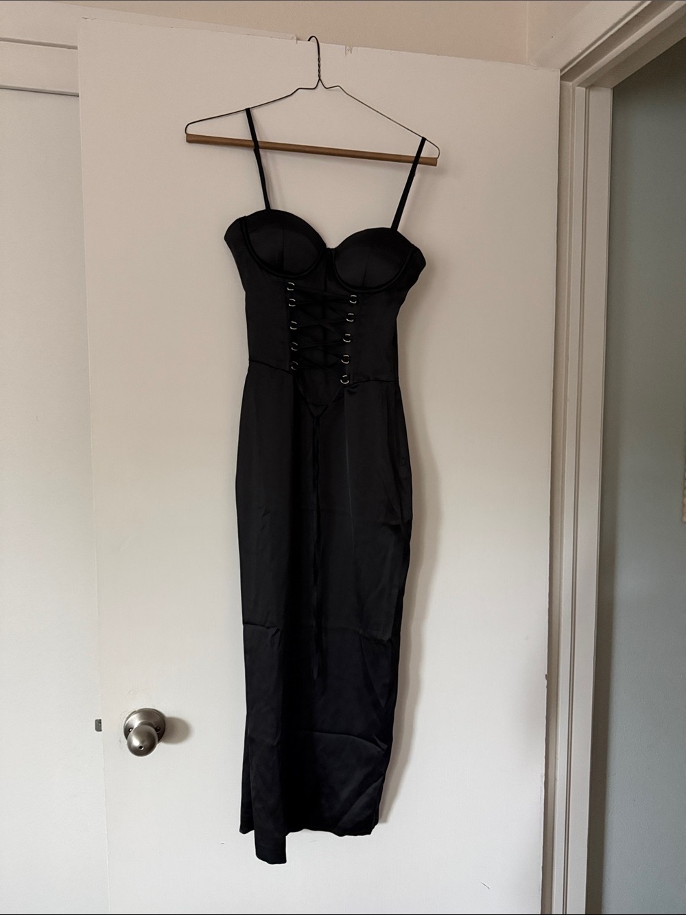 Meshki Black Lace-Up Corset Spaghetti-Strap Maxi Dress